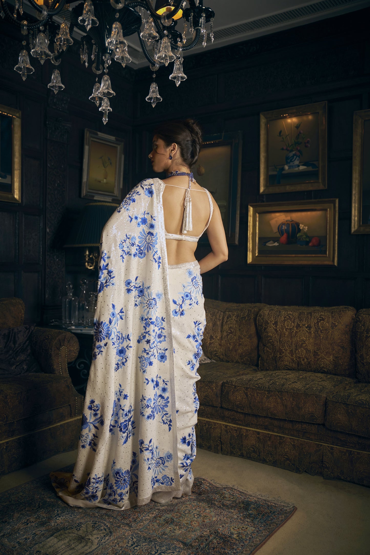 Ivory & Blue Sequin Saree