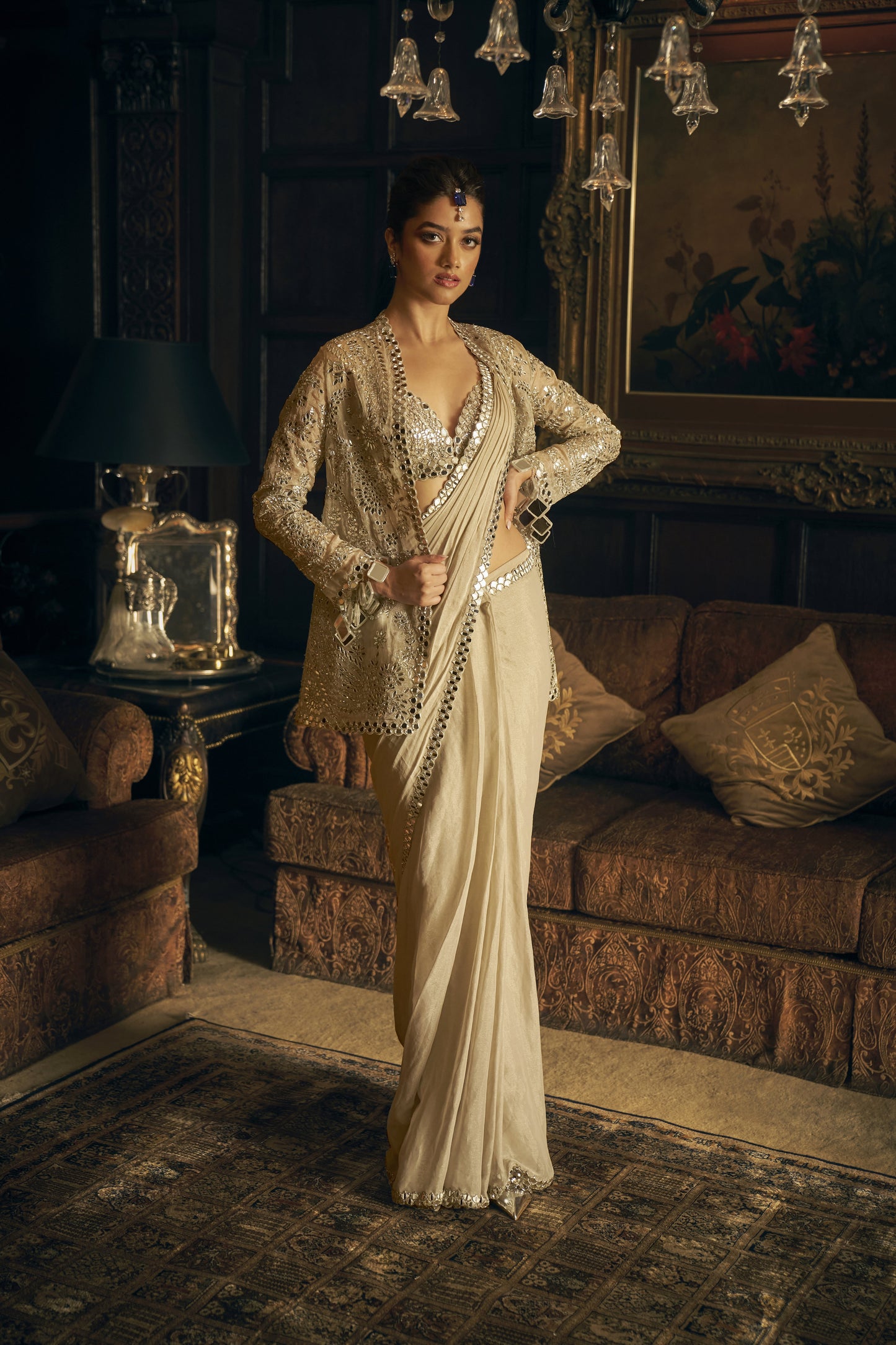 Silver Mirror Work Stitched & Jacket Saree