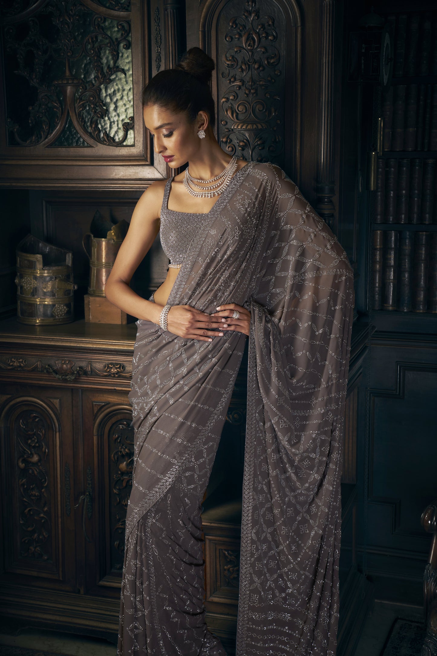 Grey crystal saree