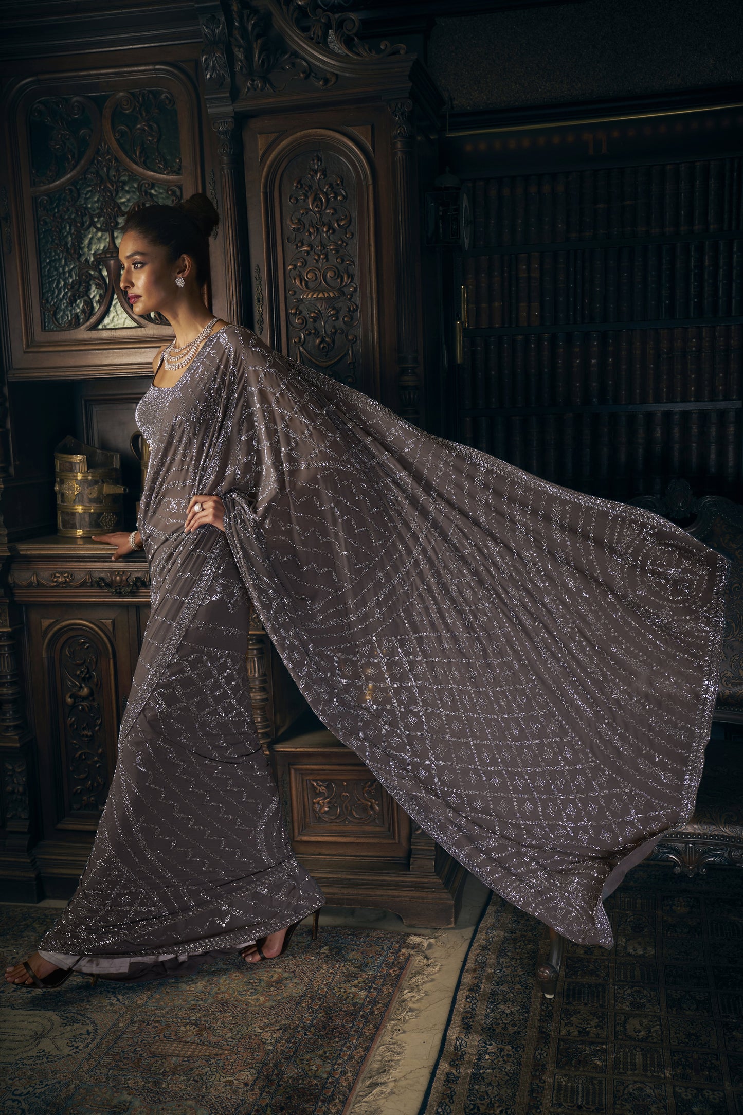 Grey crystal saree