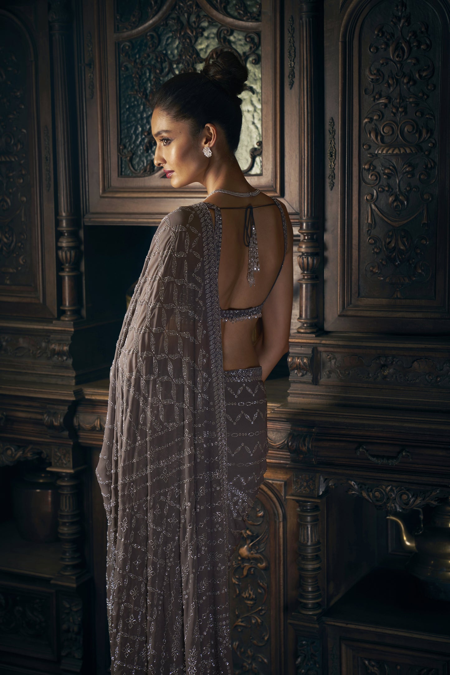 Grey crystal saree