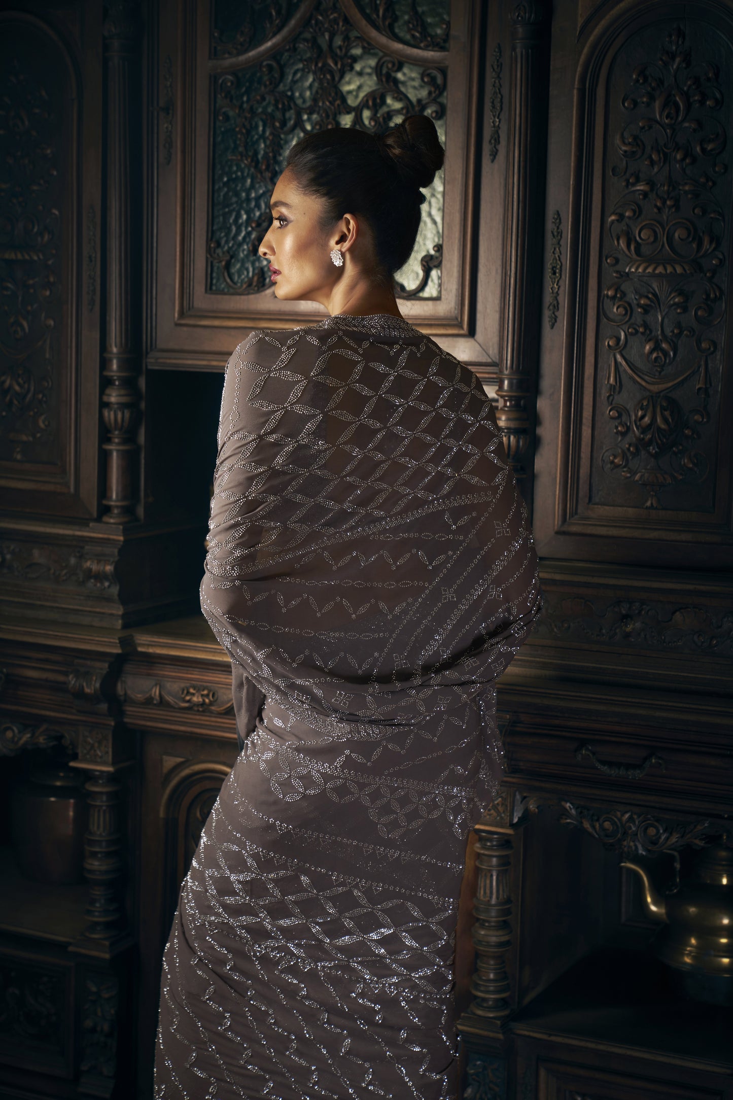 Grey crystal saree
