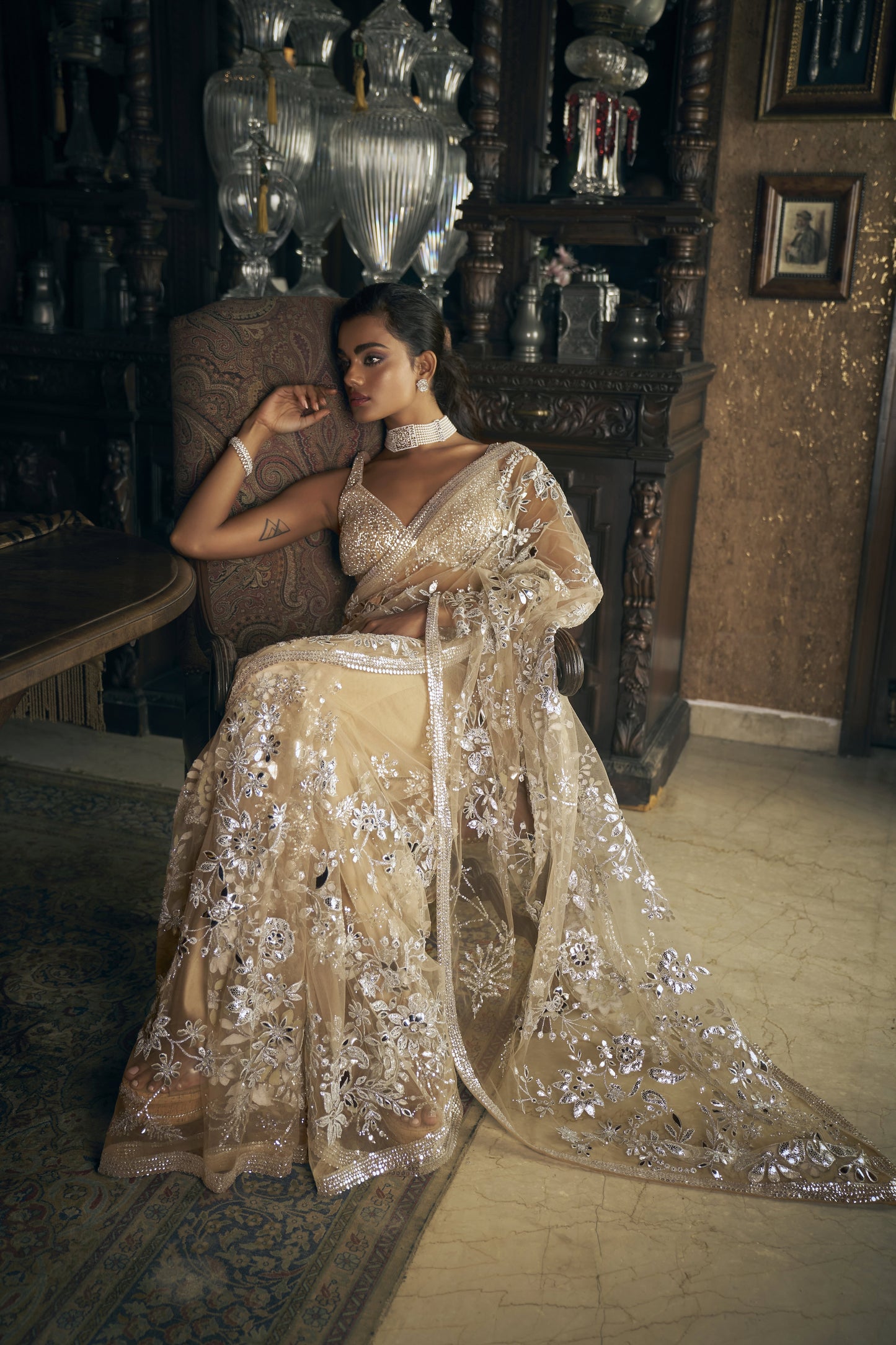Nude Silver Applique saree