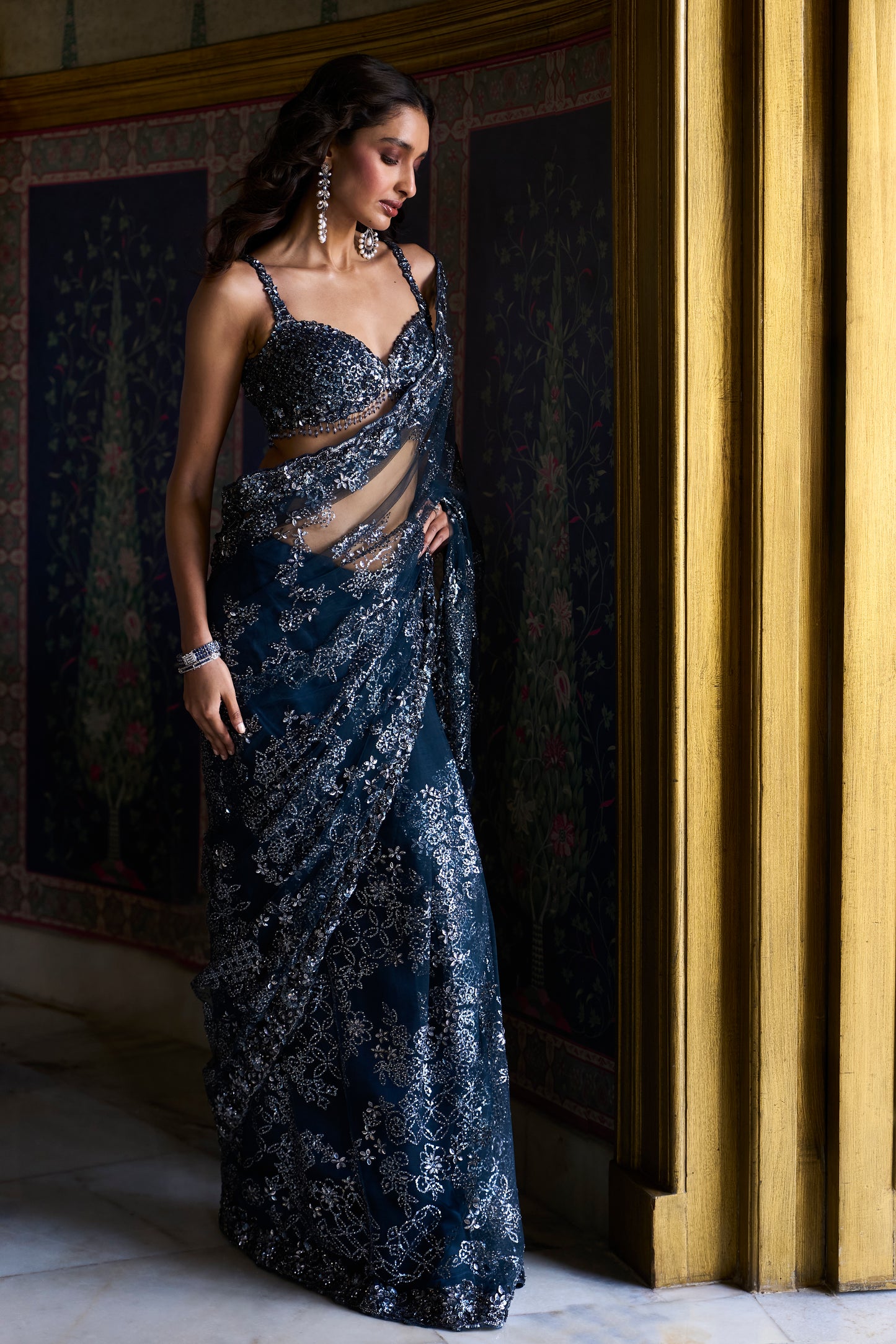 Teal Blue Designer Sequin Saree