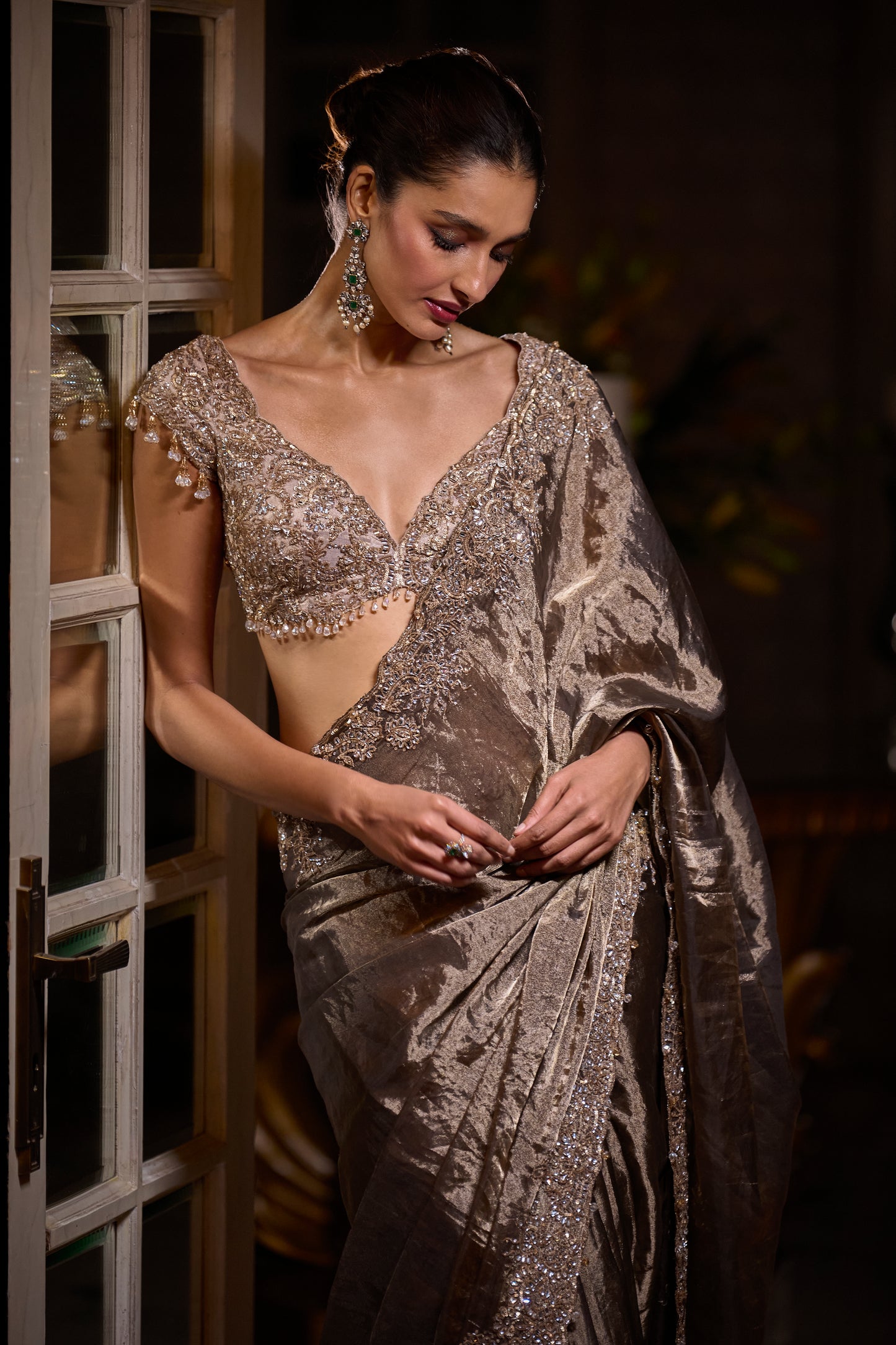Coffe Brown Tissue Organza Designer Saree