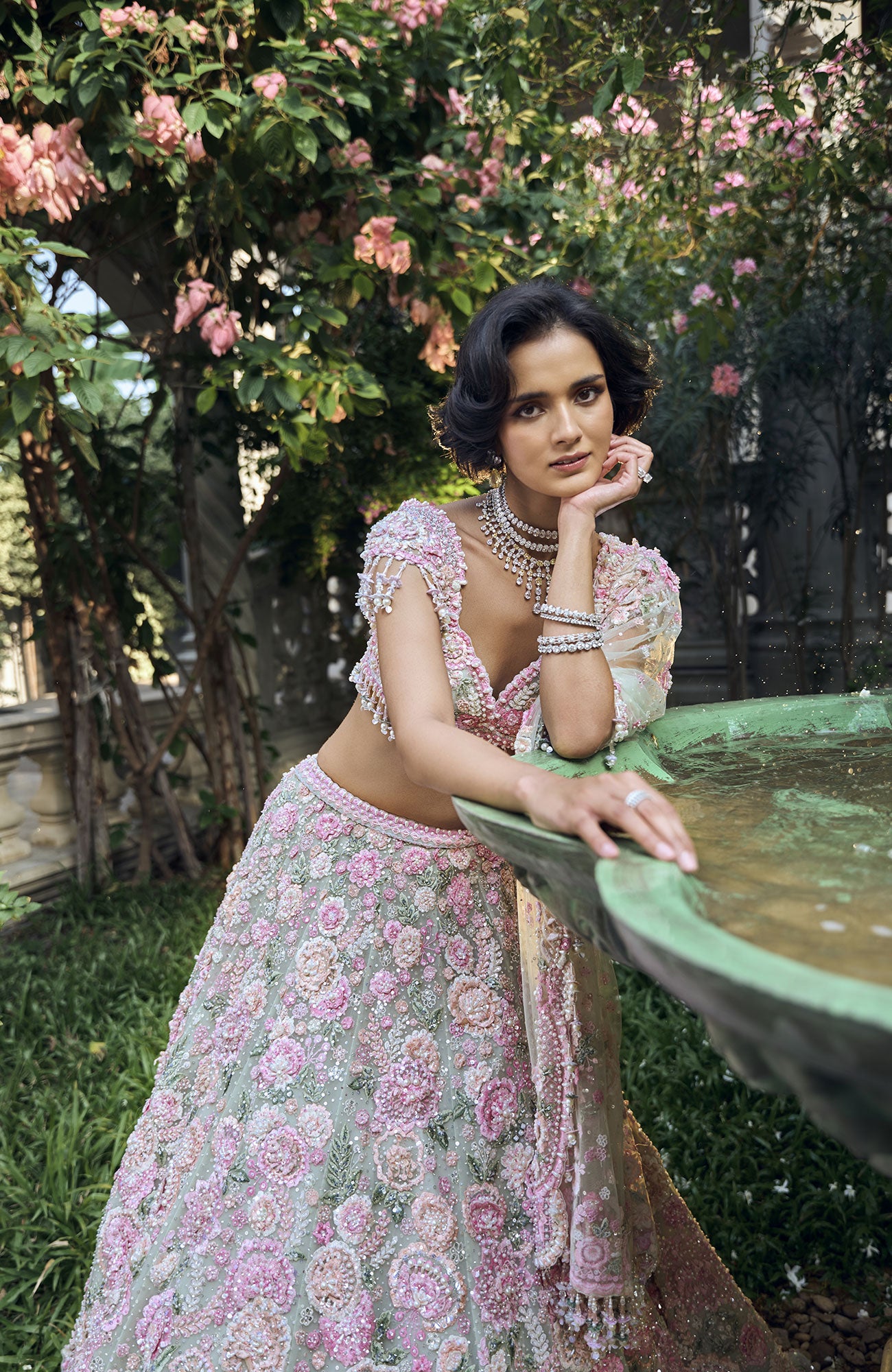 Mint Green Multi-Coloured Floral Lehenga Set