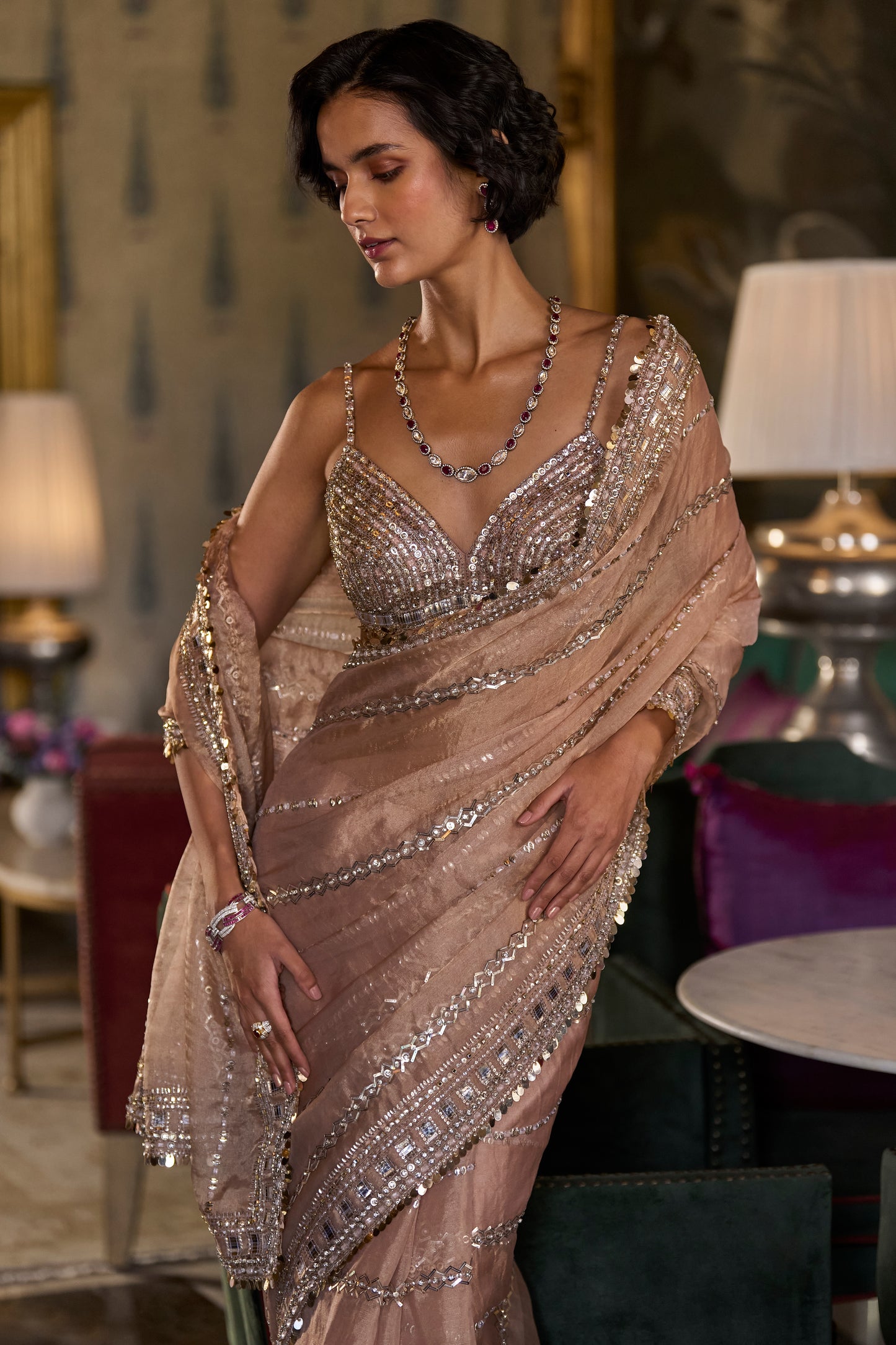 Copper Bold Cut Sequin Saree