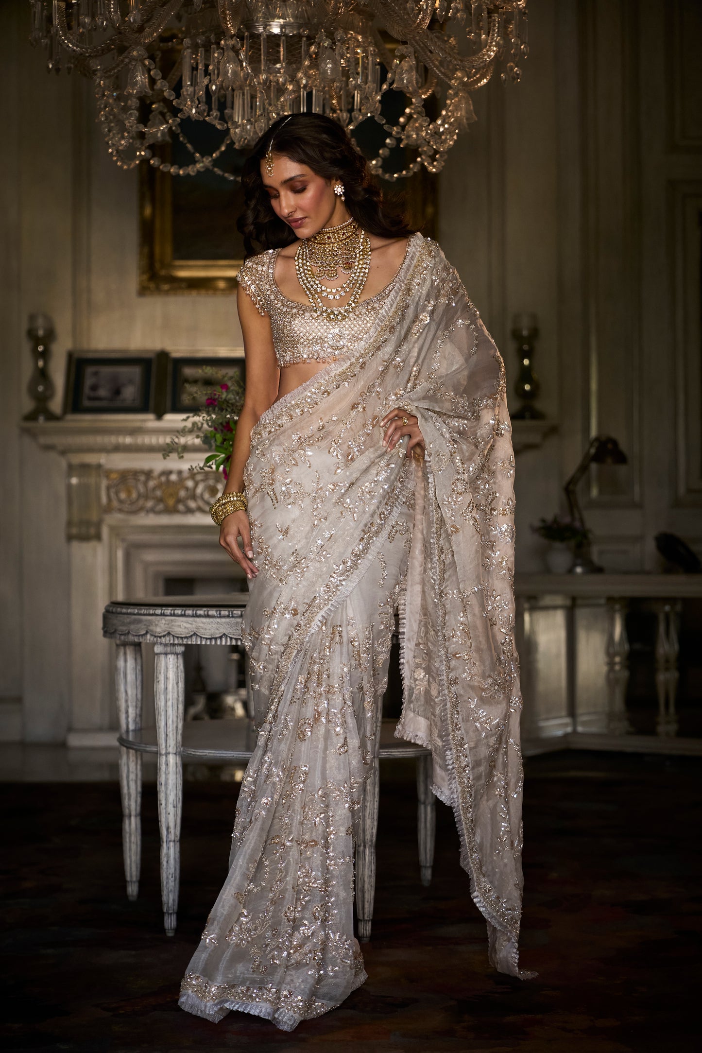 Ivory Gold Sequin Saree