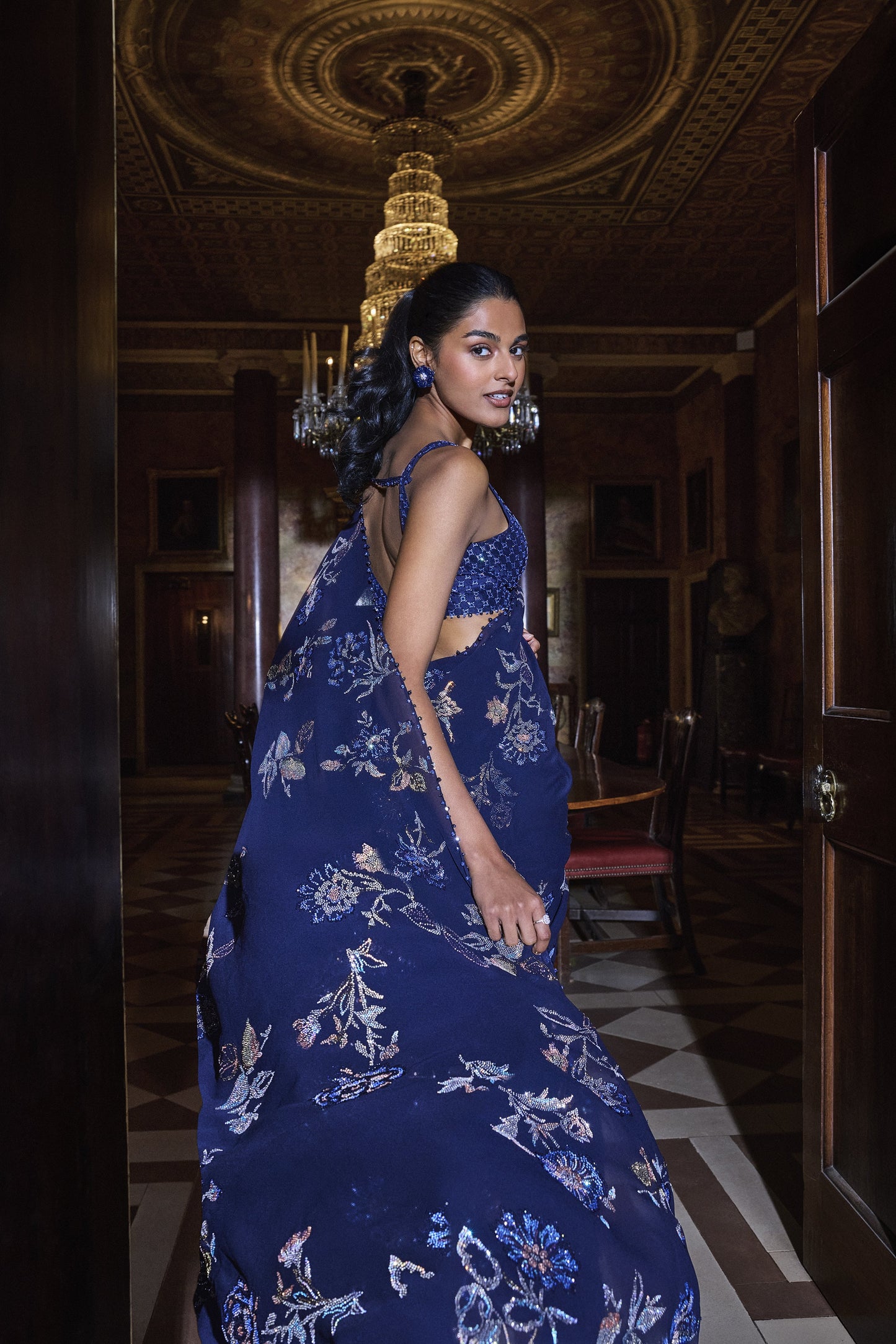 Navy Blue Floral Crystal Saree