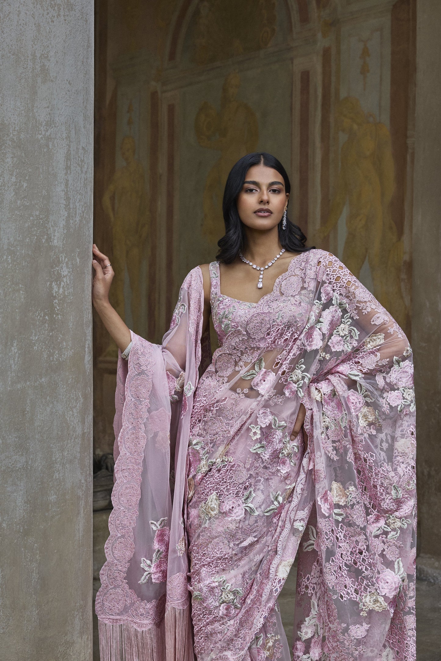 Dusty Pink Thread Work Saree