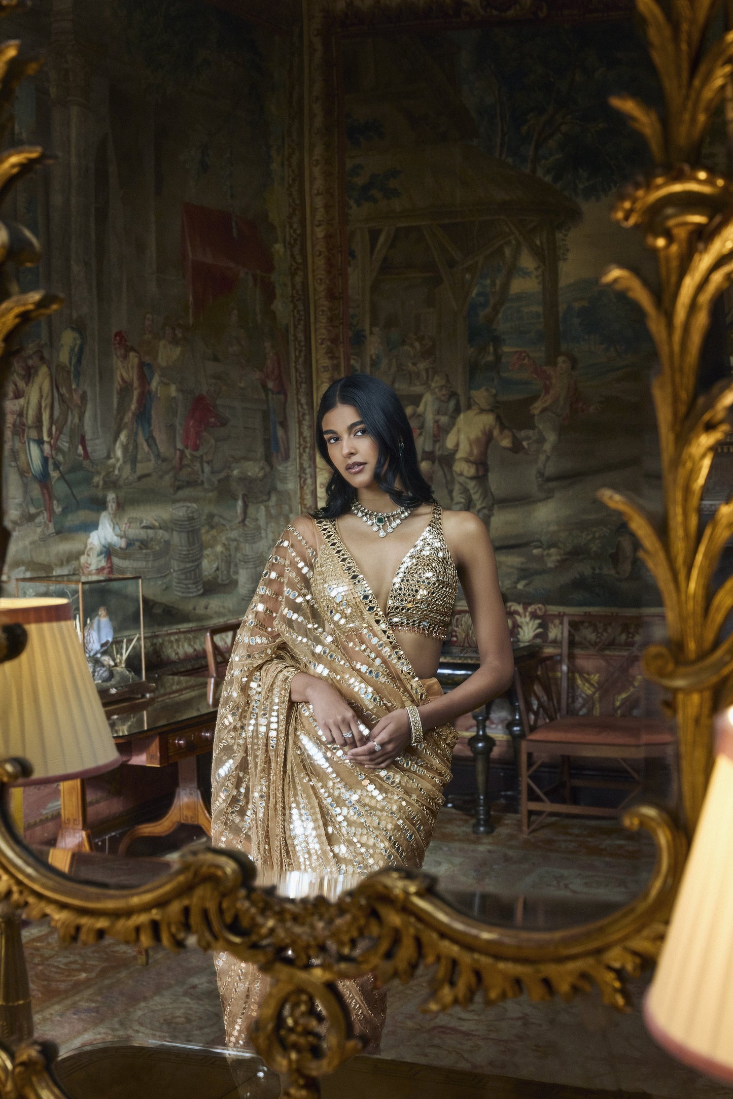Gold Mirror Work Saree