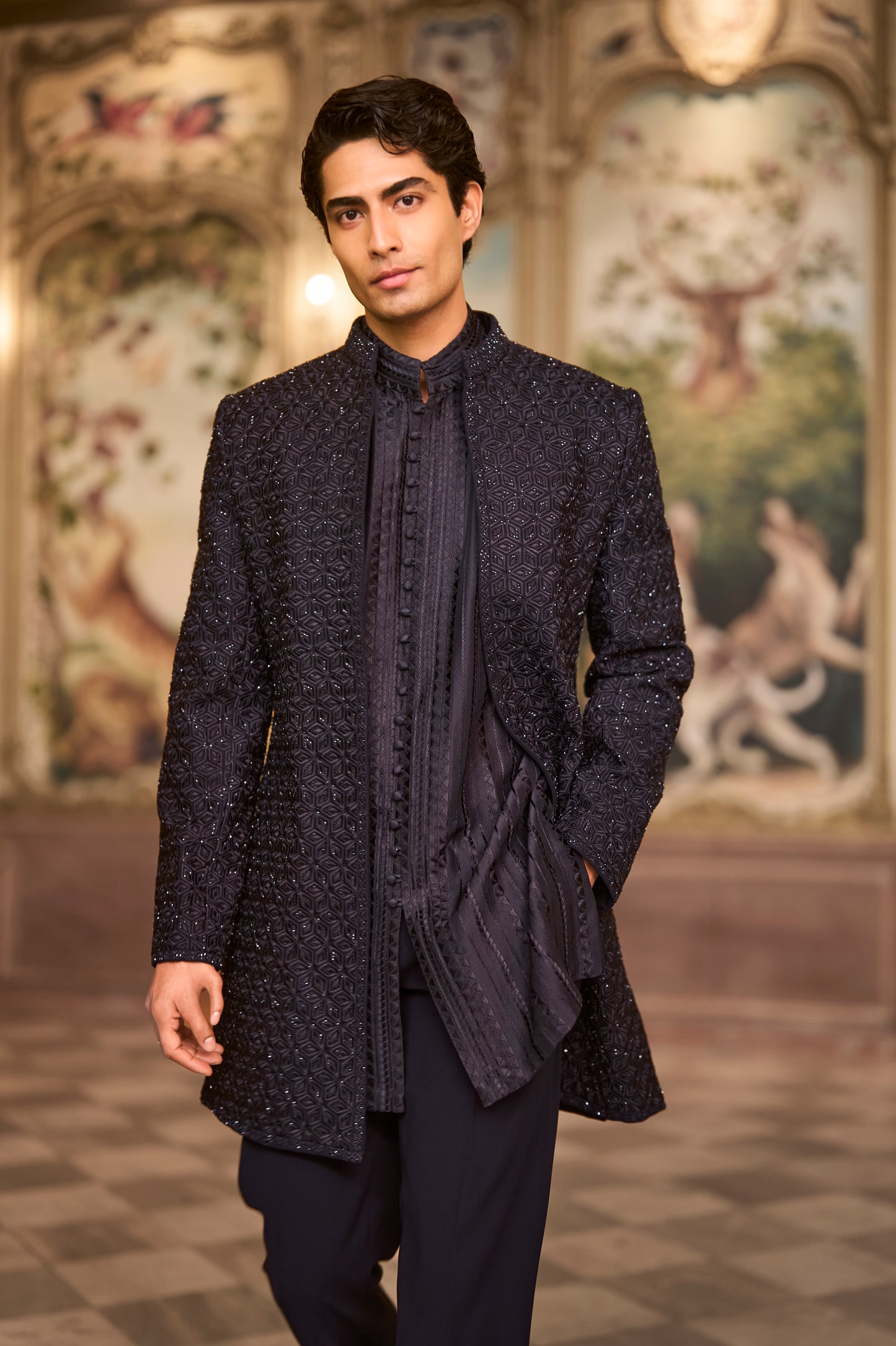 Navy Open Sherwani Set