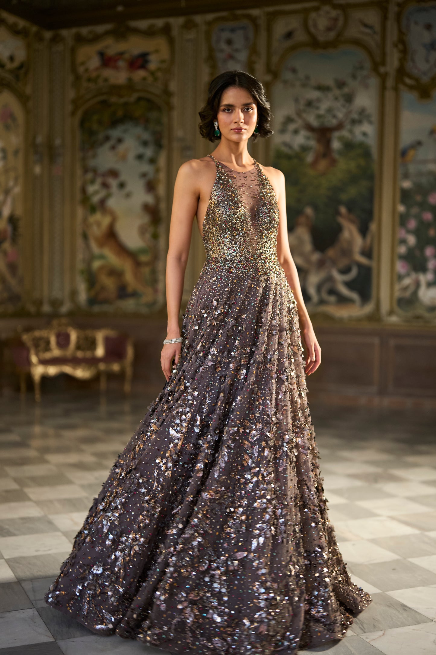 Metallic Antique Silver 3D Gown