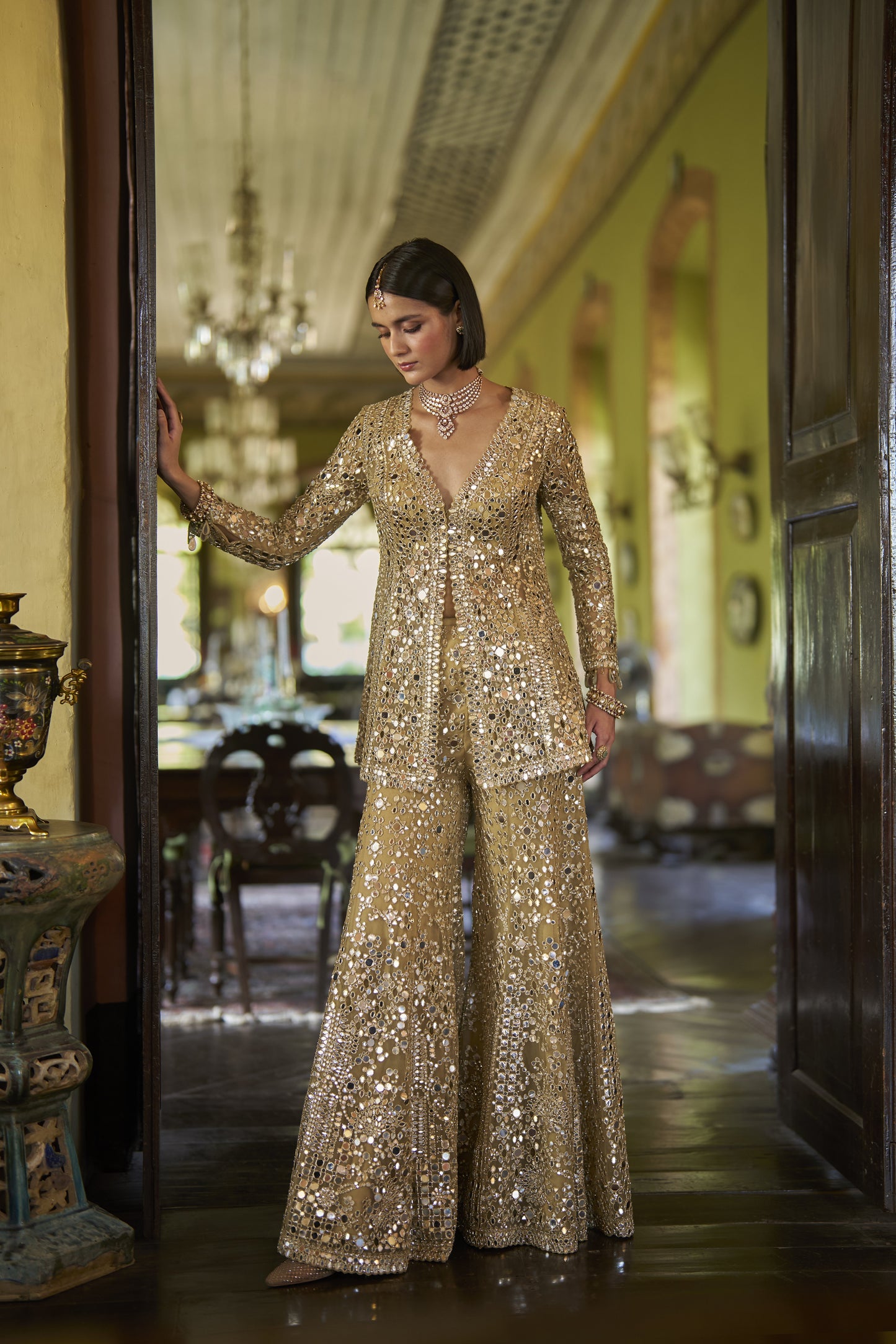 Gold Mirror Work Sharara Set