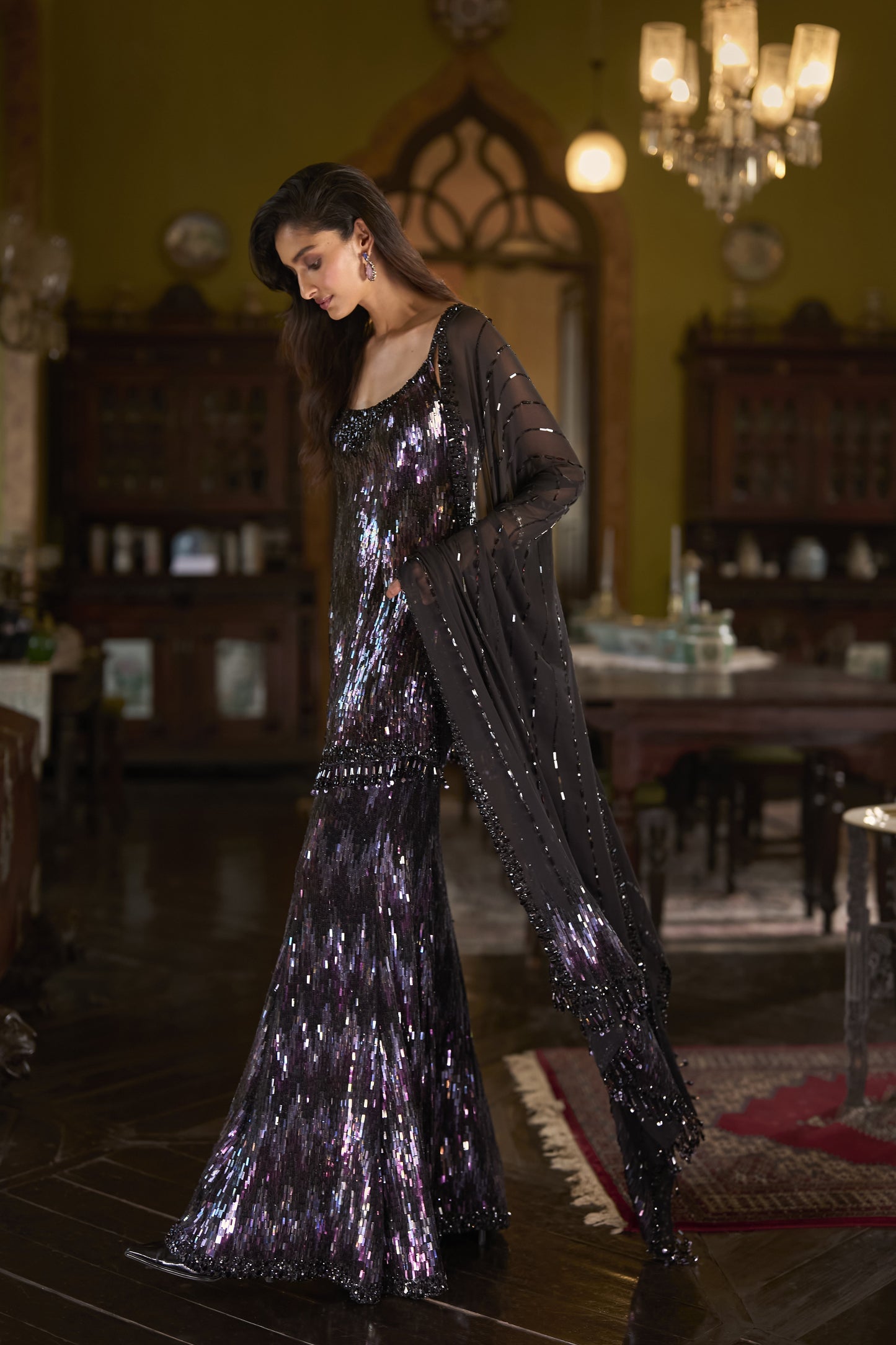 Black Multi-Coloured Sequin Sharara Set