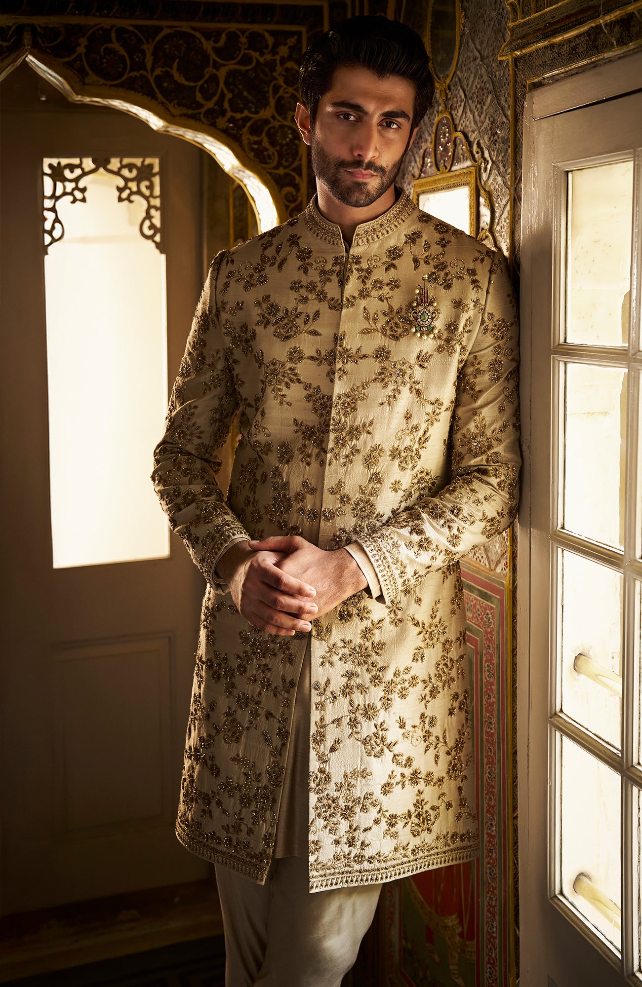 Beige Zardosi Short Sherwani Set