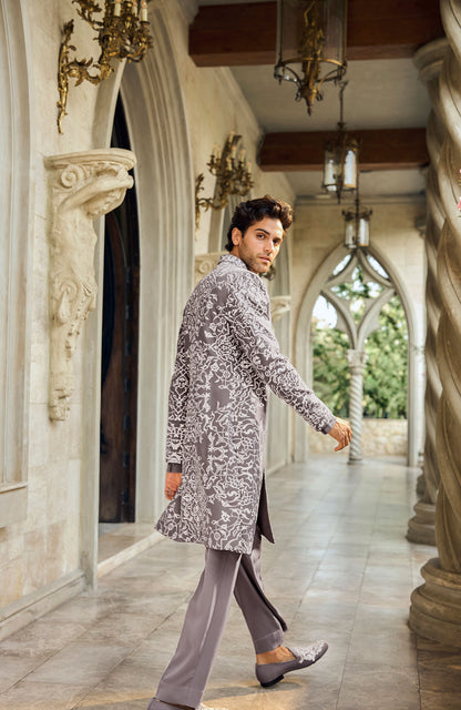 Grey Abstract Sherwani Set
