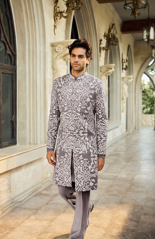 Grey Abstract Sherwani Set