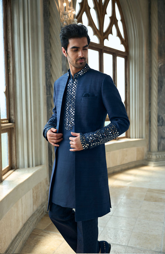 Persian Blue Mirror Open Sherwani Set