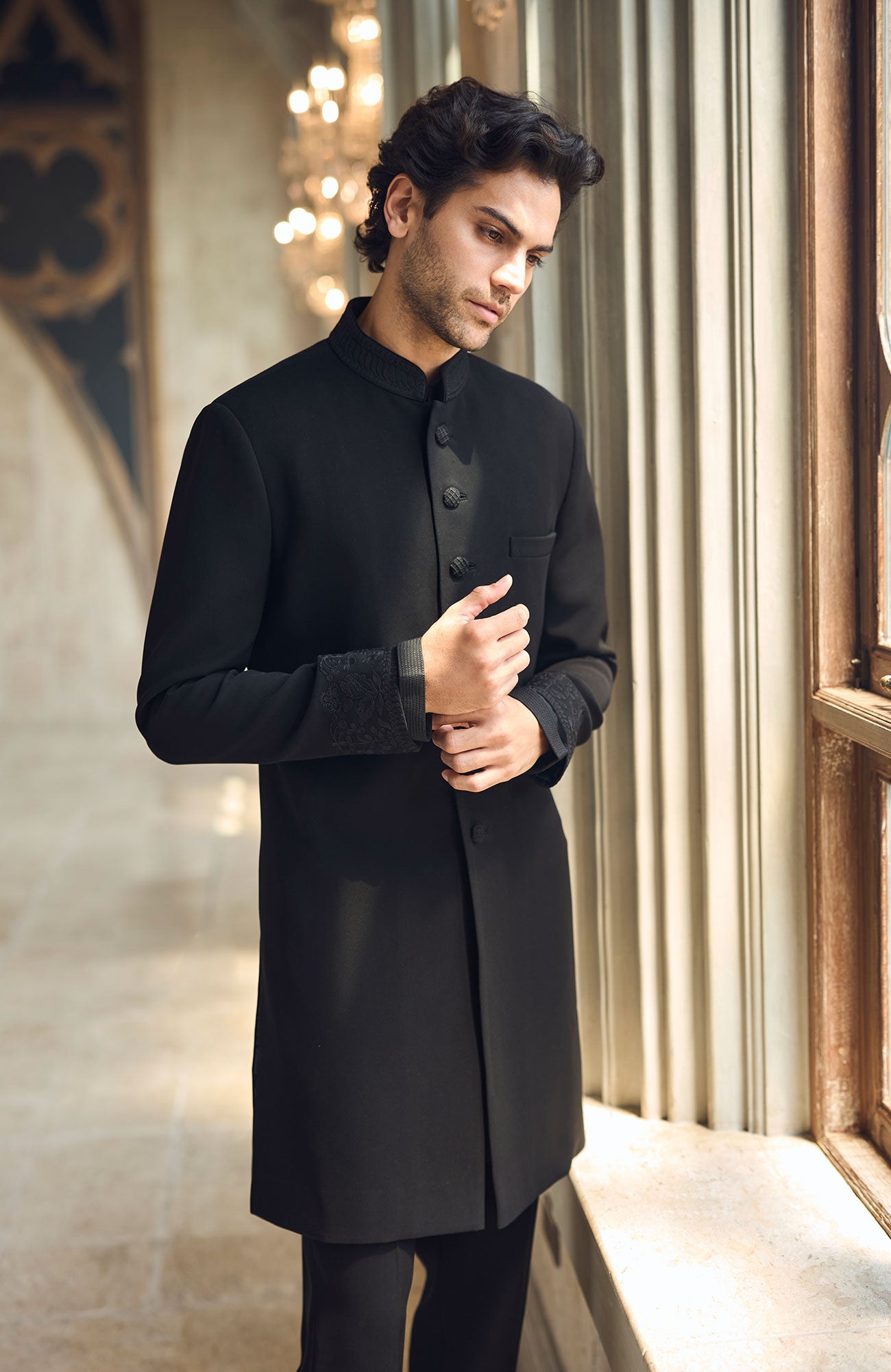 Black Thread Work Sherwani Set