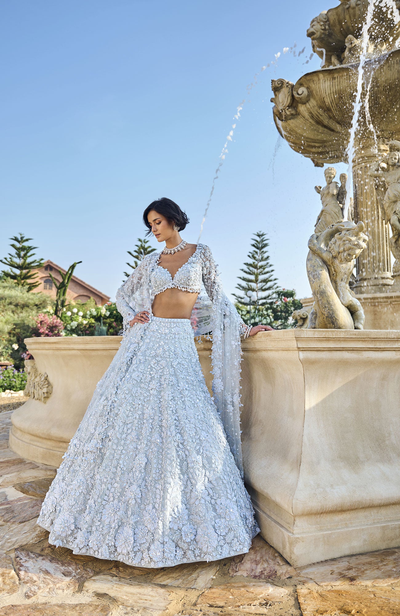 Powder Blue Three-Dimensional Lehenga Set