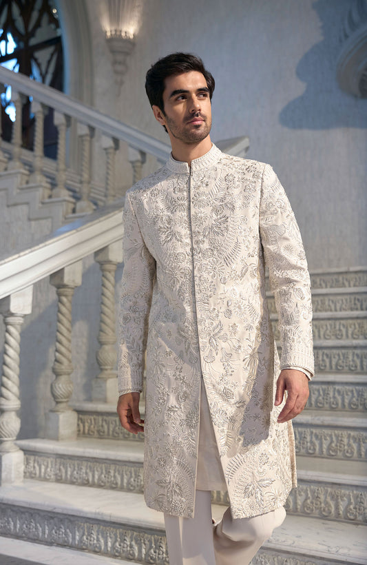 Cream Thread Work Sherwani Set