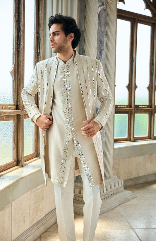 Beige Mirror Work Sherwani Set