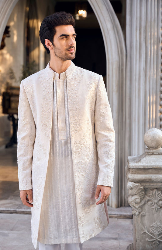 Cream Open Sherwani Set