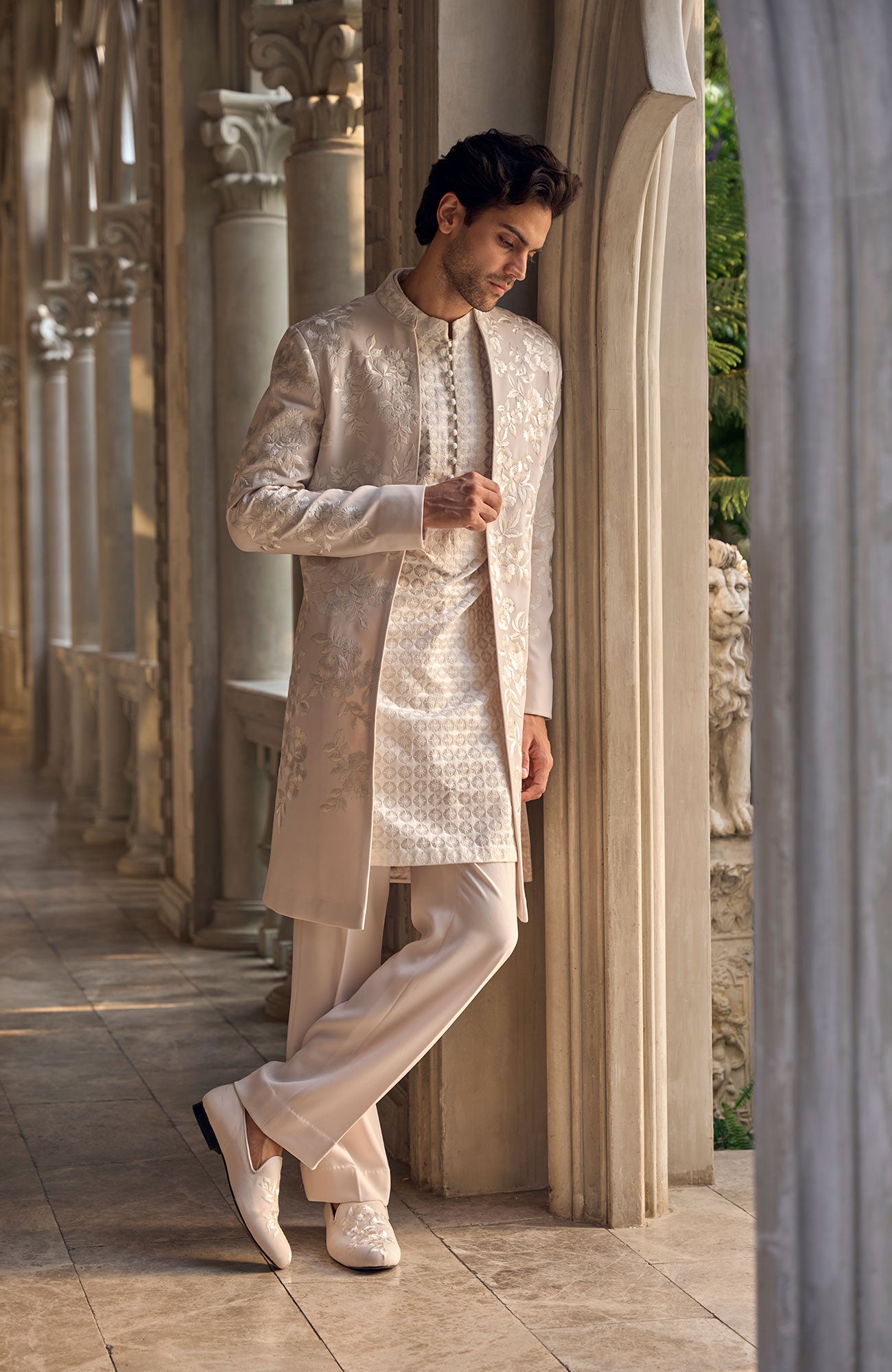 Light Beige Open Sherwani Set