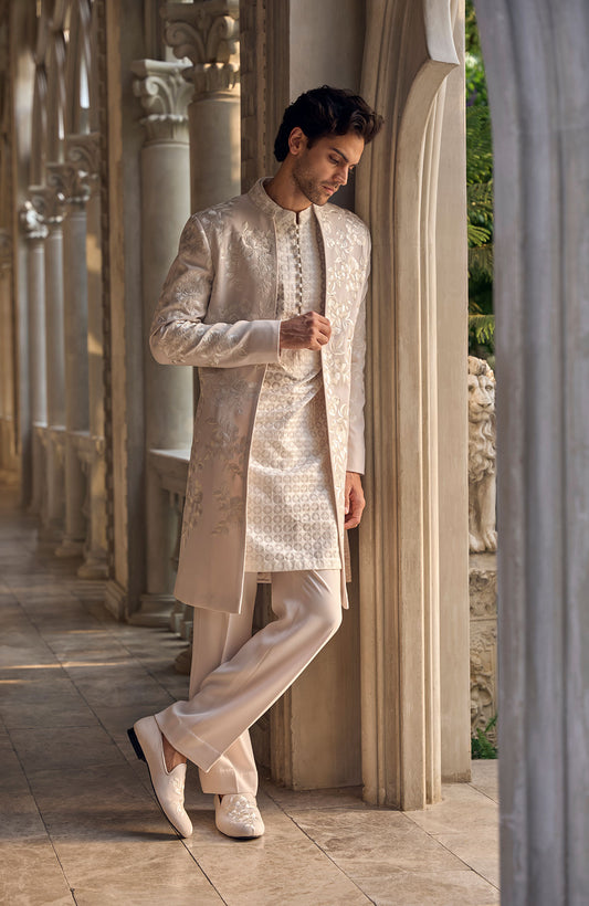 Light Beige Open Sherwani Set