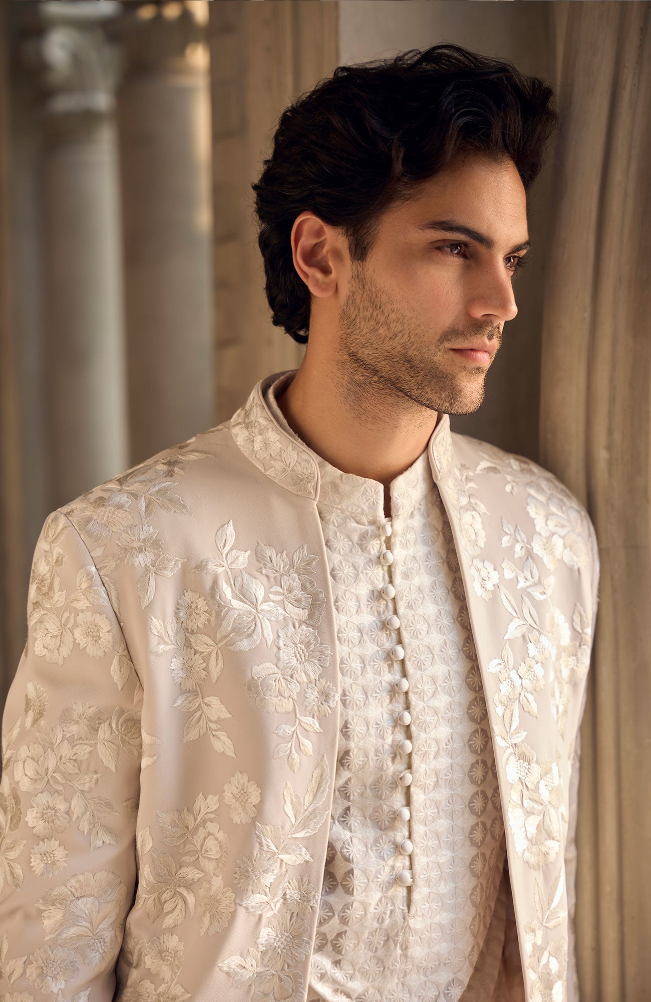 Light Beige Open Sherwani Set