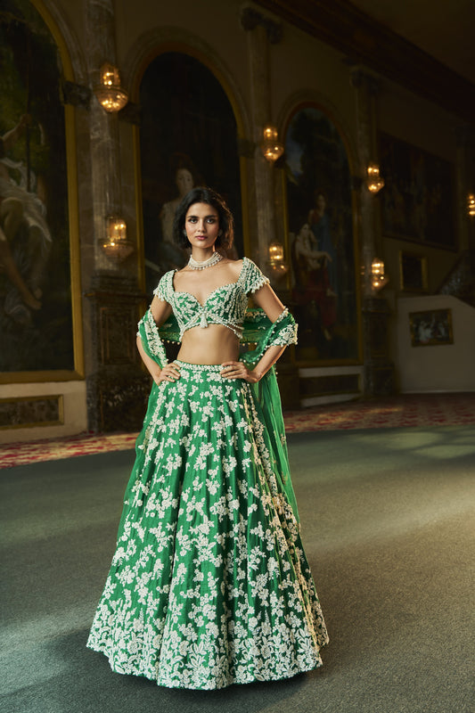 Green Thread Work Lehenga Set