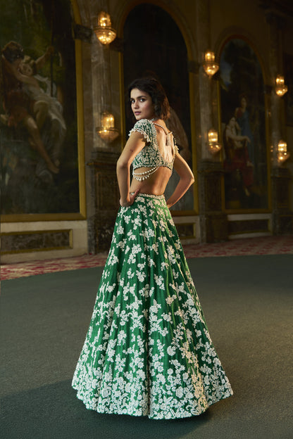 Green Thread Work Lehenga Set