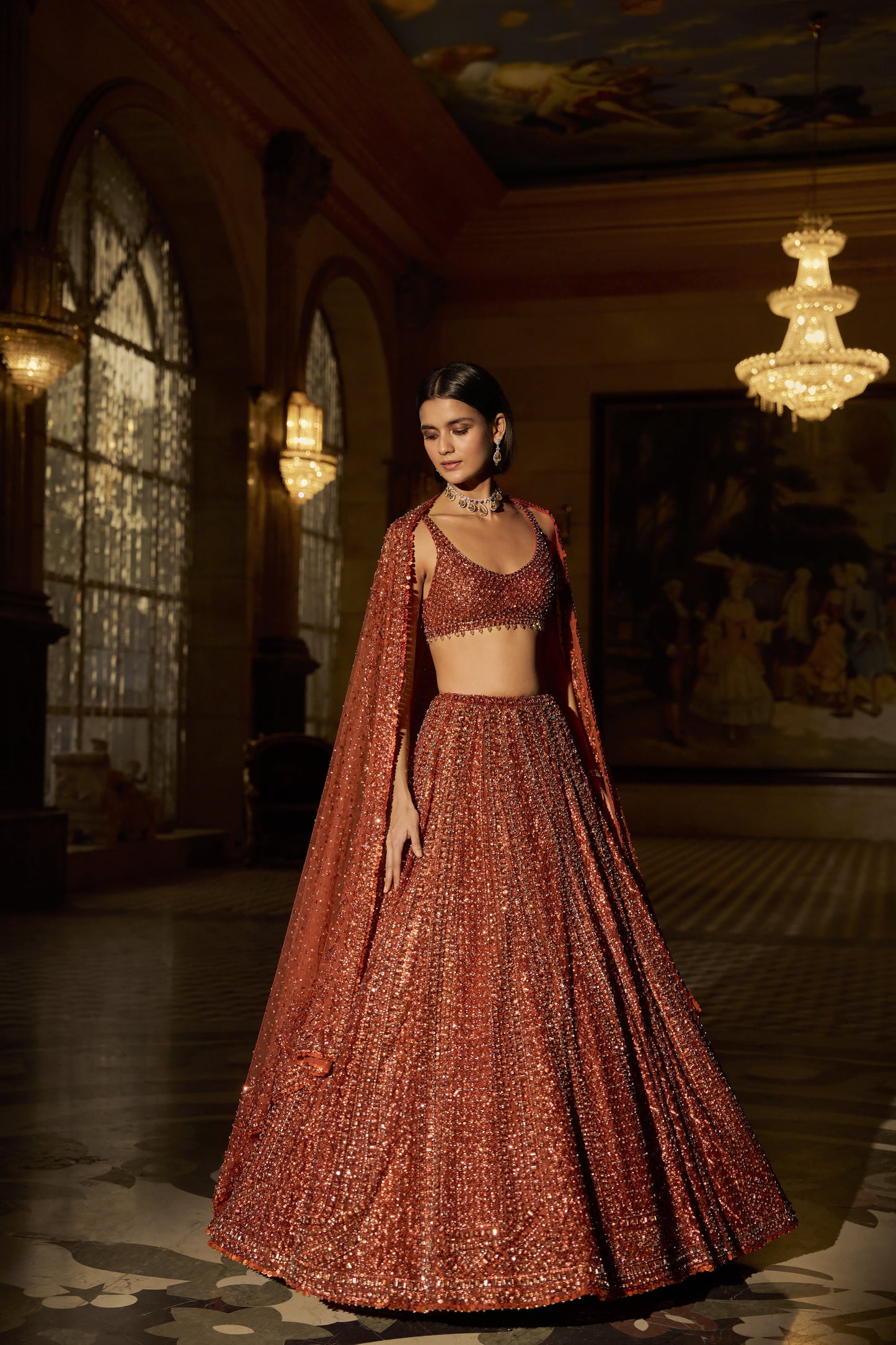 Copper Crystal Lehenga Set
