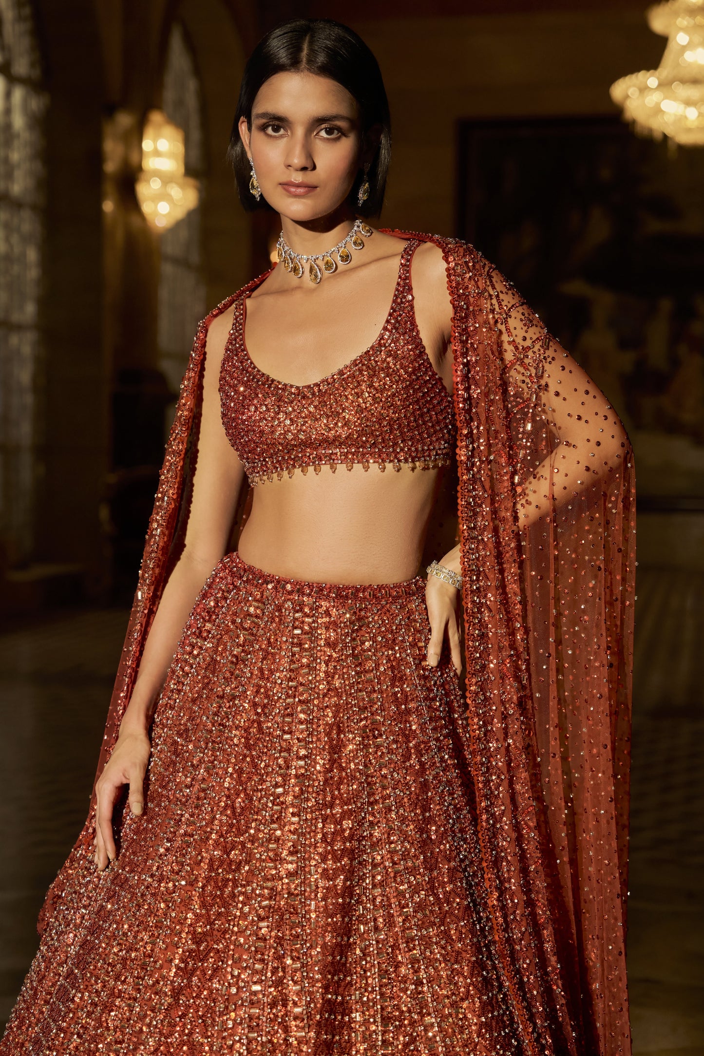 Copper Crystal Lehenga Set