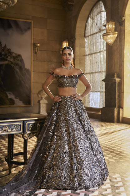 Metallic Silver 3D Lehenga Set