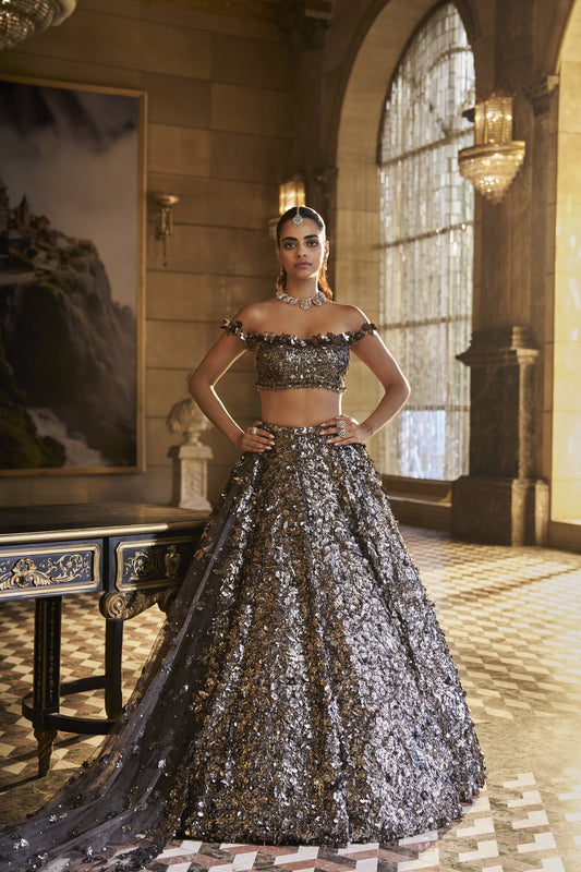 Metallic Silver 3D Lehenga Set