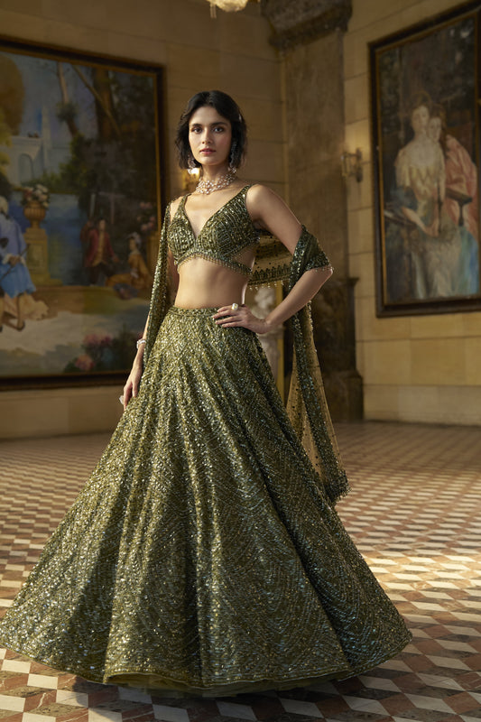 Moss Green Sequin Lehenga Set