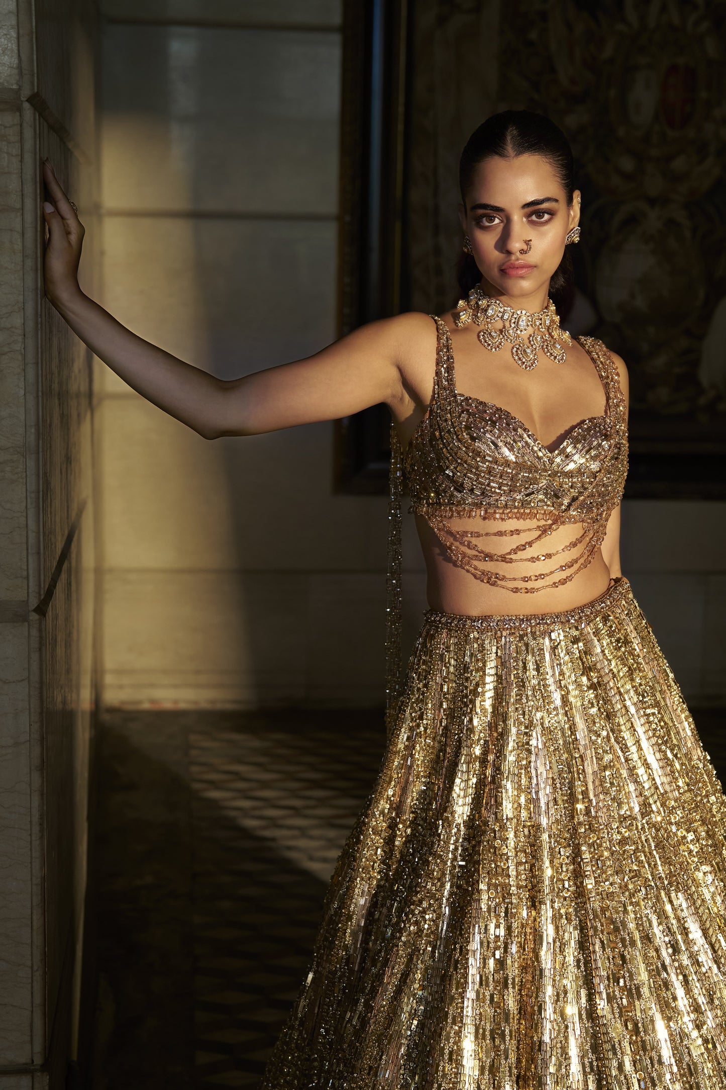 Gold Crystal Lehenga Set