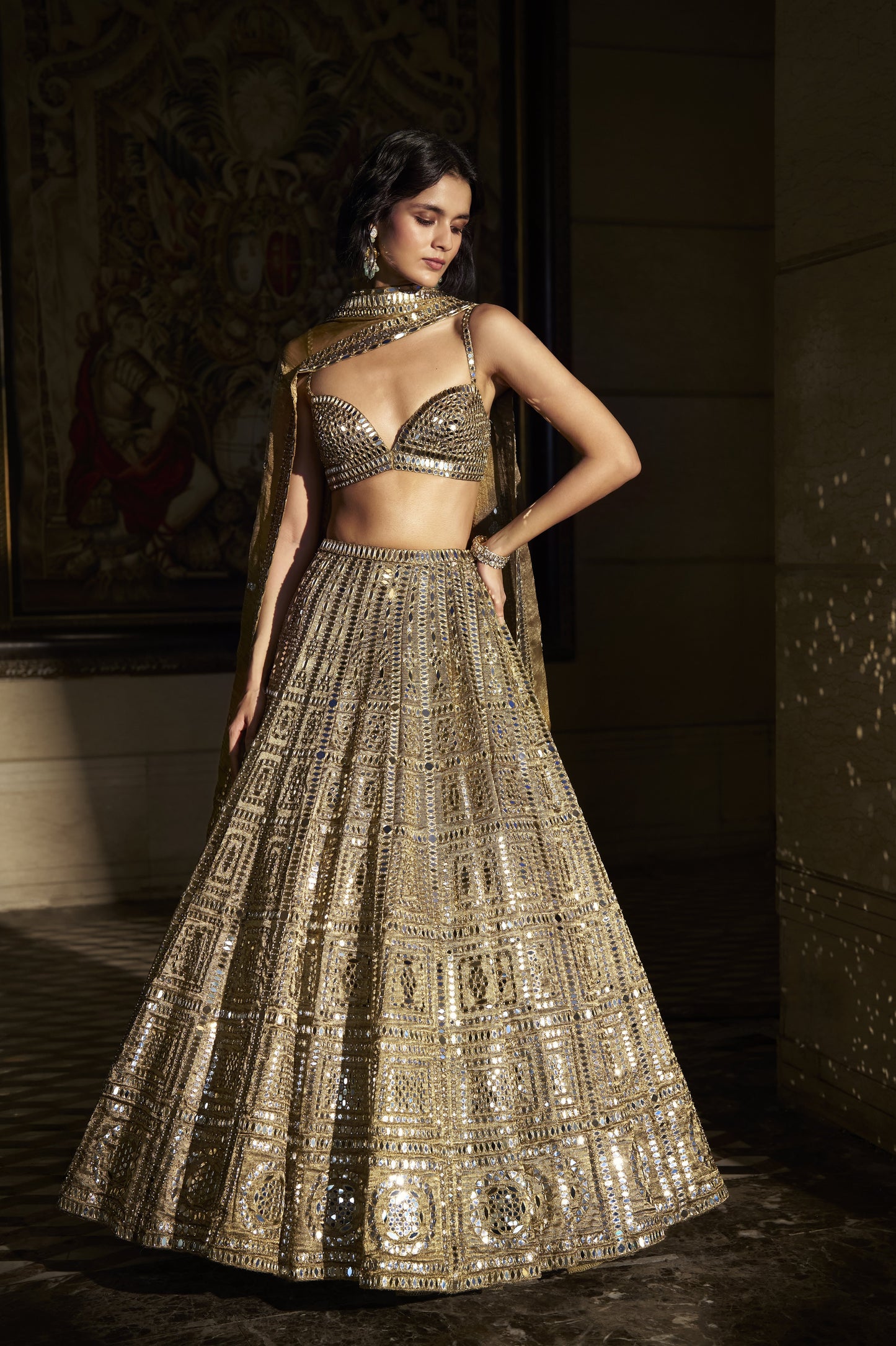 Antique Gold Mirror Work Lehenga Set