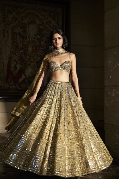 Antique Gold Mirror Work Lehenga Set