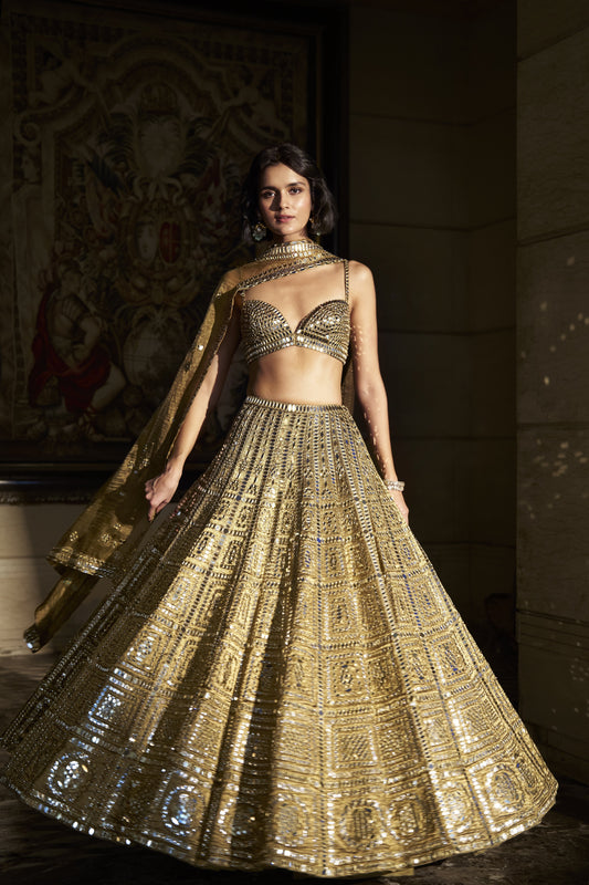 Antique Gold Mirror Work Lehenga Set