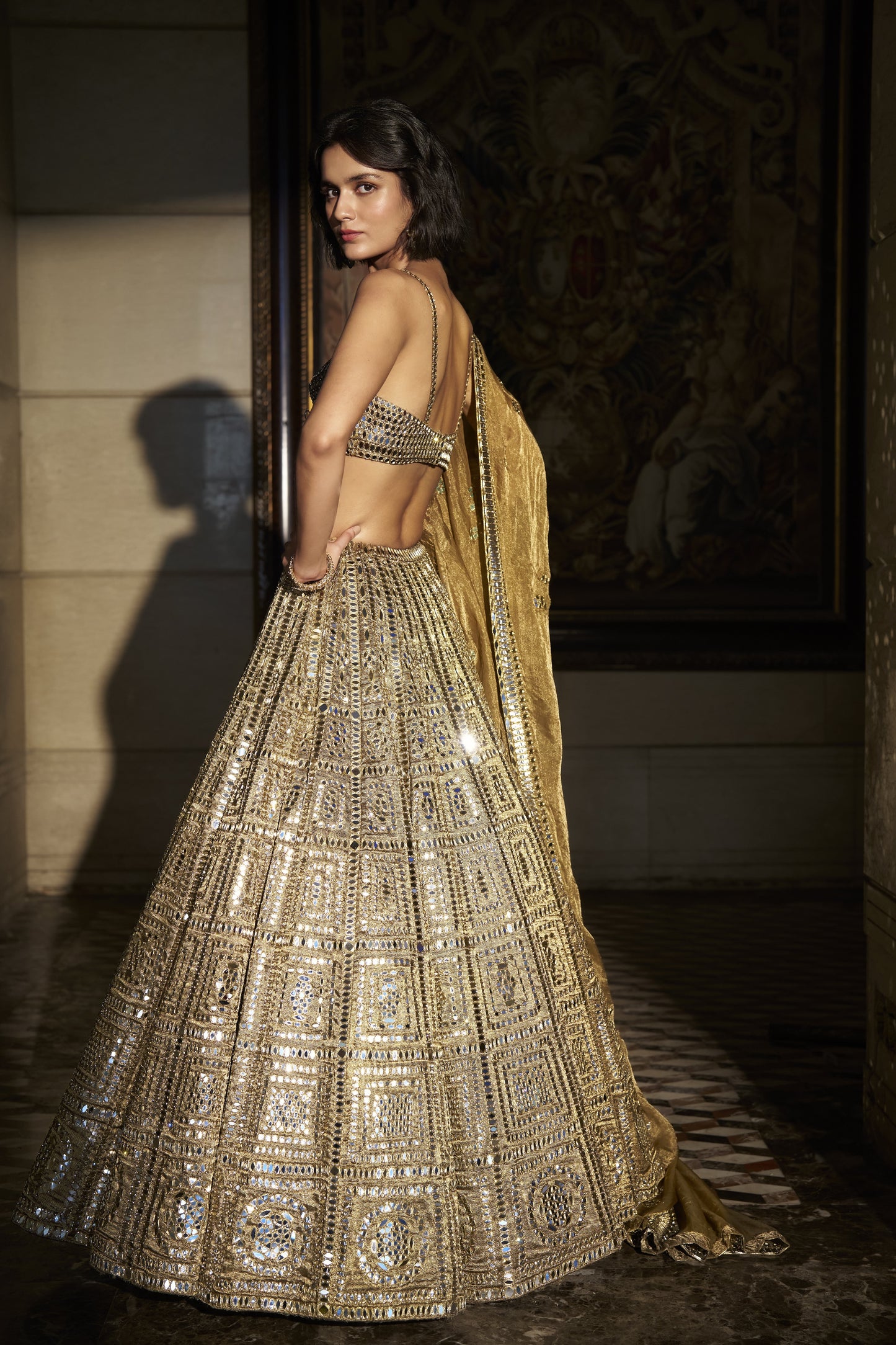 Antique Gold Mirror Work Lehenga Set