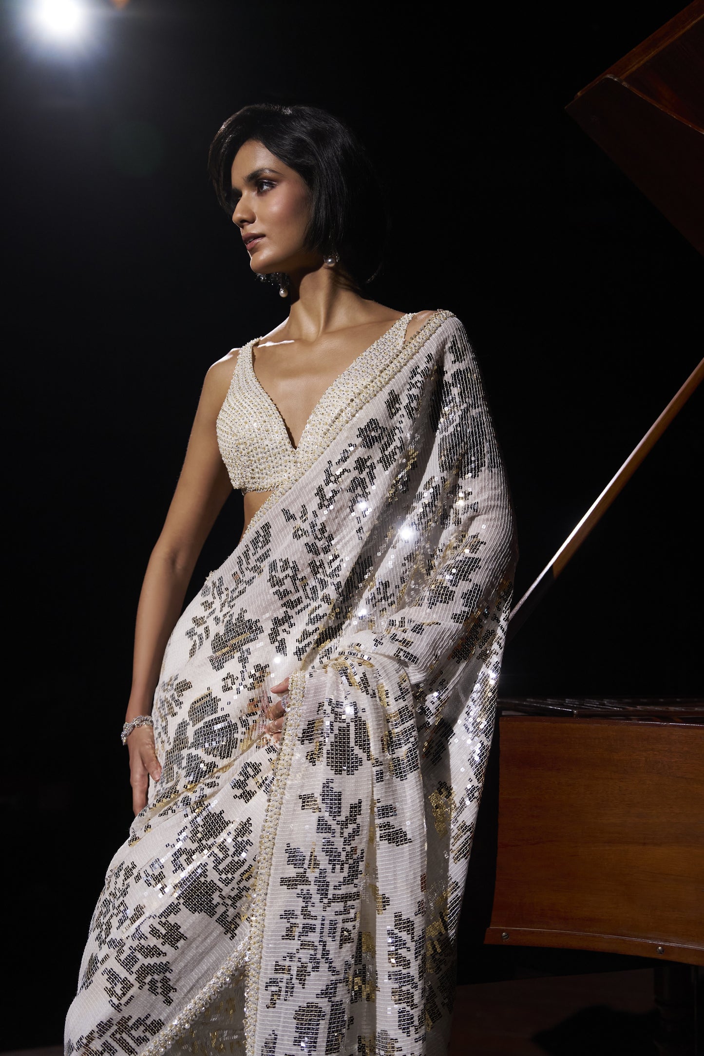 Gold Silver Sequin Georgette Saree