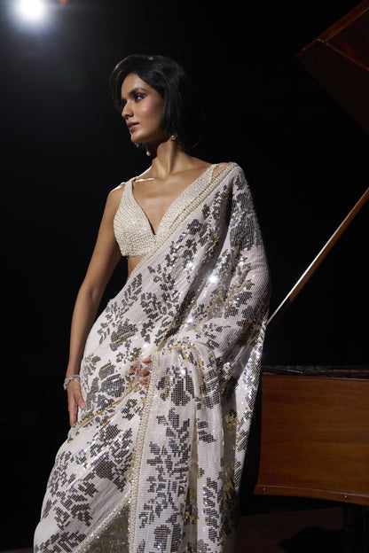 Gold Silver Sequin Georgette Saree