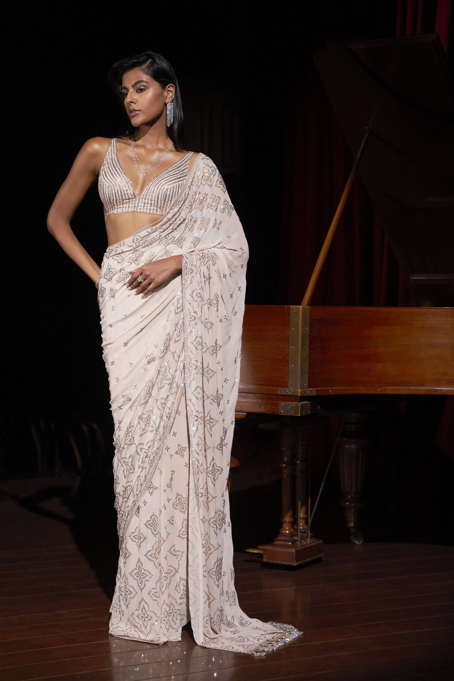Nude Crystal Georgette Saree