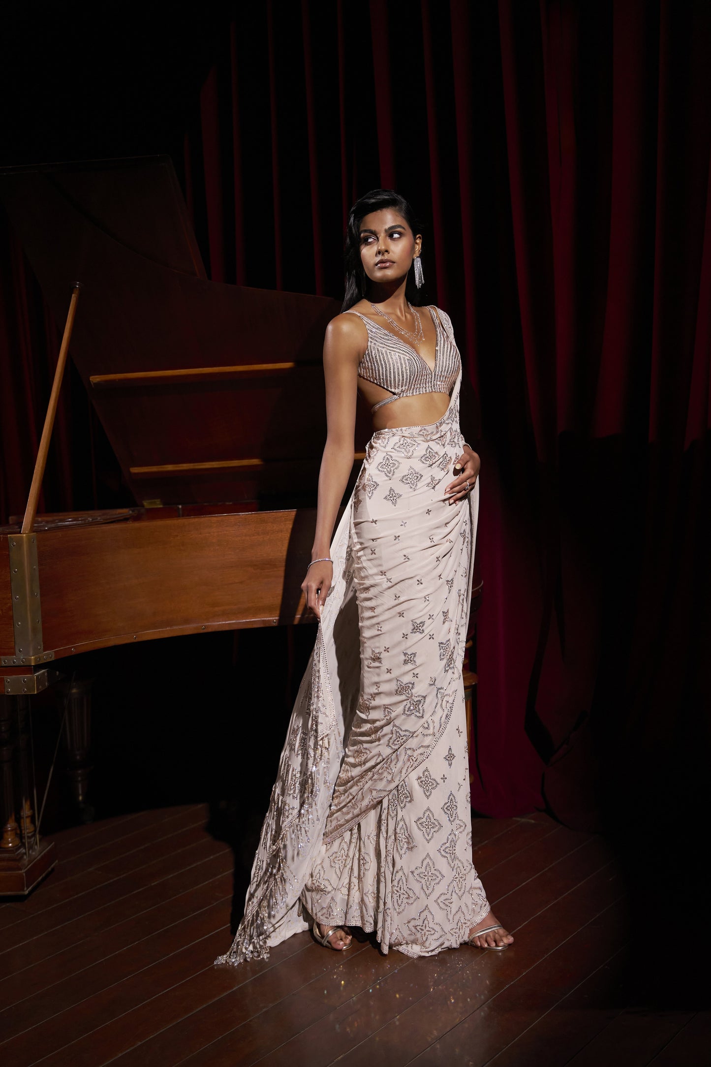 Nude Crystal Georgette Saree