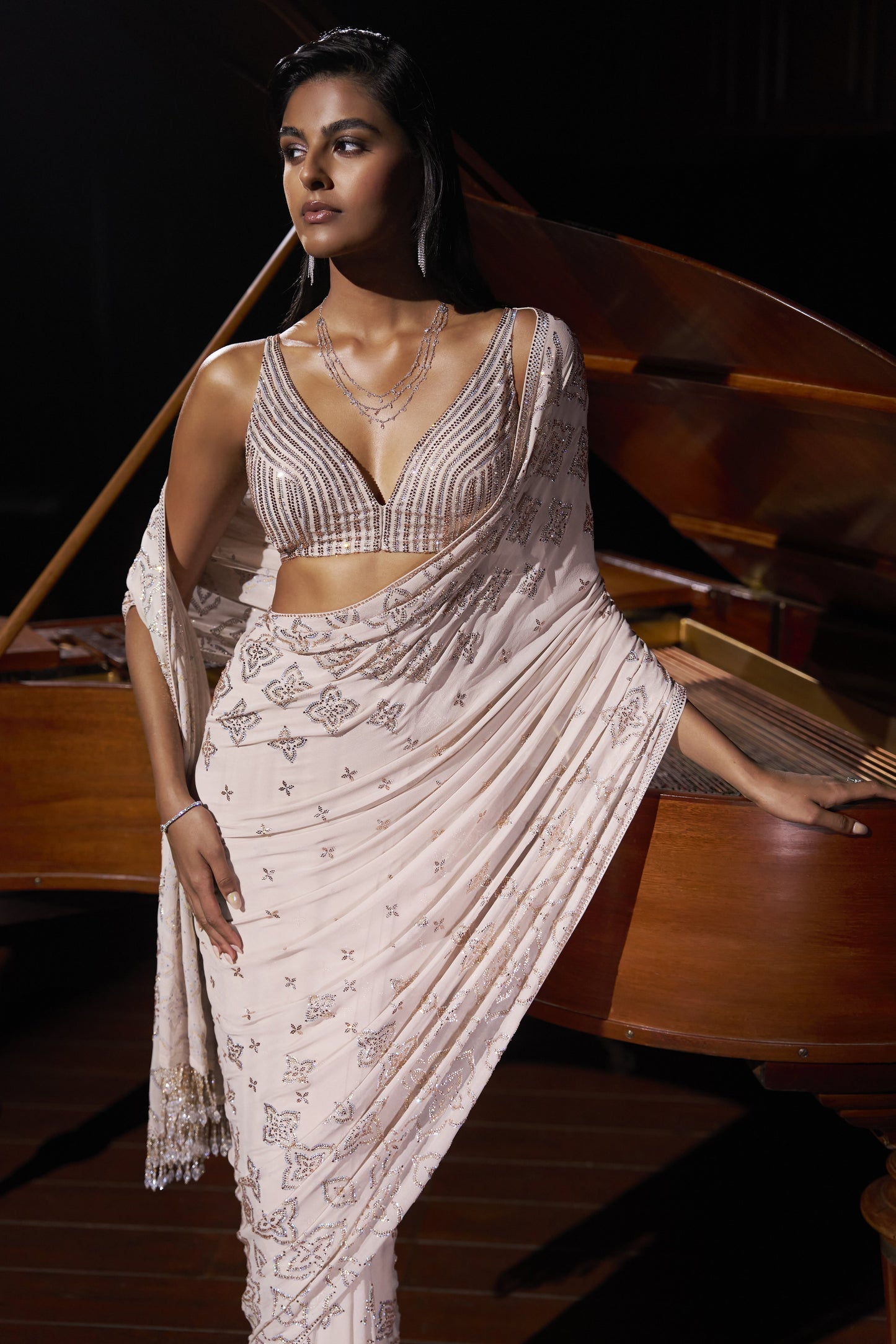 Nude Crystal Georgette Saree