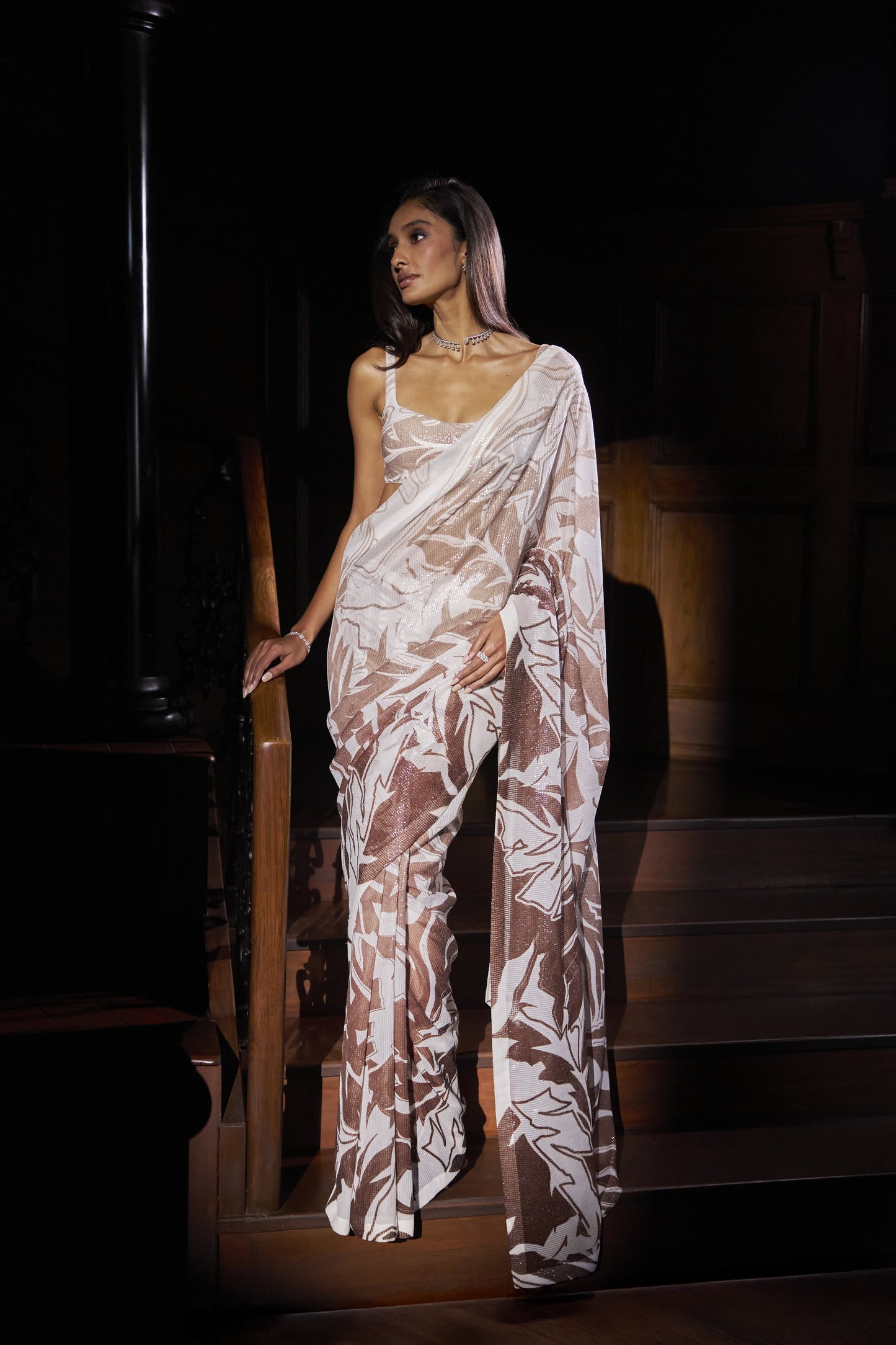 Coffee Cream Sequin Georgette Saree"