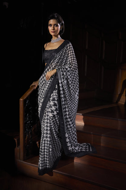 Hounds-Tooth Sequin Georgette Saree